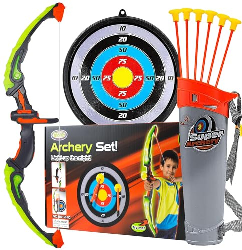 Toysery Kids Bow and Arrow Set with LED Flash Lights, Toy Bow and Arrow for Kids 8-12 Years Old - Toy Bow and Arrow Set for Boys and Girls, Includes Archery Bow, 6 Archery Arrows, Target, Quiver Green