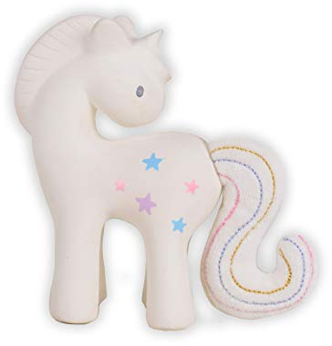 Tikiri 8595603 - Kautschuk Babyrassel, Einhorn Zuckerwatte mit Knister-Schweif, Naturkautschuk, Rassel für Babys und Kleinkinder ab 0+ Monaten