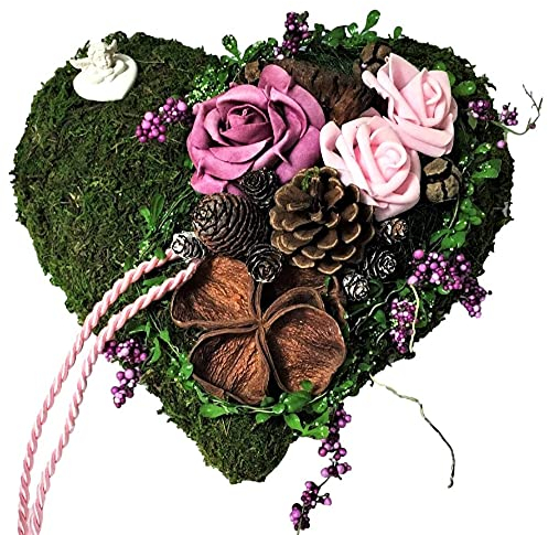 Der-kleine-Dekoladen Grabgesteck Grabherz Grabaufleger Ø30 Herz mit Engel Allerheiligen Totensonntag rosa