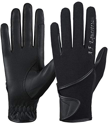 AFE Guantes de equitación para mujer, de piel sintética, color negro, tela elástica, rosa, morado, lila (estampado de dedos negros, talla S)