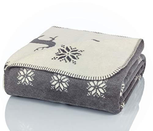 Glart - Manta XL de lana suave y gran capacidad térmica, mullida felpa para acurrucarse o cubrir el sofá, 150 x 200 cm, estampado de renos gris y beige
