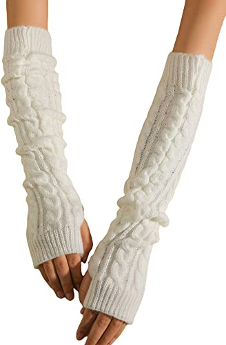 Verdusa Women's Knitted Arm Warmers Long Fingerless Gloves White one-size