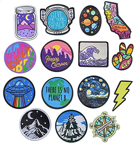 Aufnäher zum Aufbügeln, bunte bestickte Applikationen, Universum, Weltraum, Pflanzen, für Kleidung, DIY, Aufkleber, individuelle Abzeichen, 15 Stück