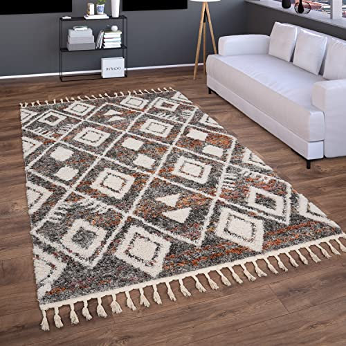 Paco Home Hochflor Teppich Wohnzimmer Schlafzimmer Shaggy Boho Modern Skandinavisch Geometrisches Rautenmuster Fransen, Grösse:80x150 cm, Farbe:Bunt