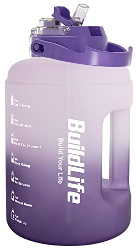 BuildLife Water Bottles with Straw & Flip Cap 2 in 1 Lid - Large Water Bottle with Time Markings BPA Free Leak Proof Wide Mouth Drinks Bottle,2.5 Litre Durable Sports Water Bottle (Purple Gradient)