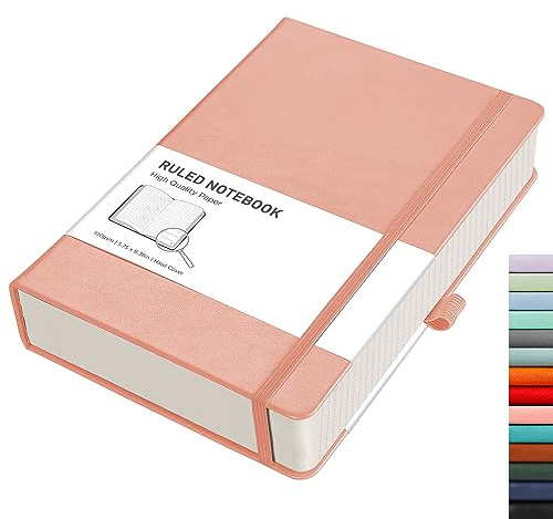 RETTACY Anteckningsbok A5 linjerad inbunden anteckningsbok tjock journal med 320 linjerade numrerade sidor, 1 gratis klisterlappsavdelare, 1 bakficka, pennhållarrem – rosa