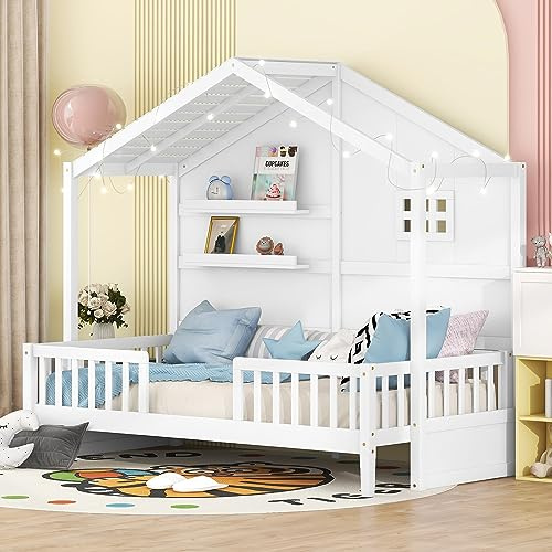 Merax Twin Size House Bed with Shelves, House Bed with Window and Sparkling Light Strip on The Roof, White