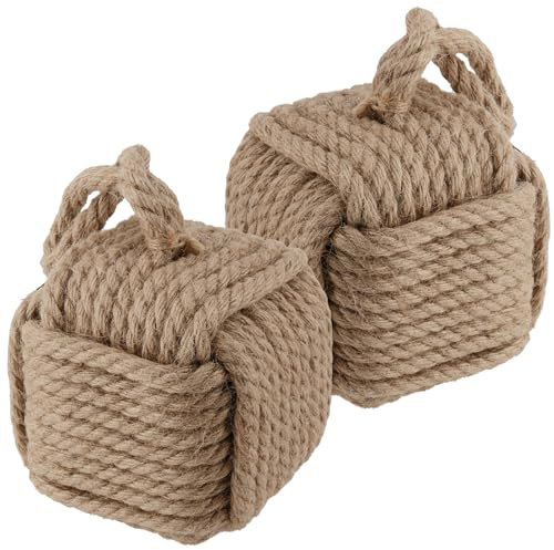 SEHOI Lot de 2 butées de porte carrées avec nœud en corde, 14 x 14 cm, butées de porte en jute avec poignée, butée de porte en nœud nautique pour portes et fenêtres, 2,4 kg
