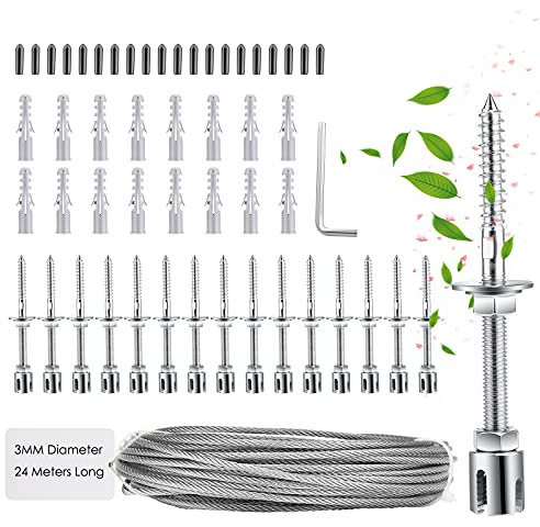 CUPCHID Support pour Plantes Grimpantes, 24m Corde en Acier Inoxydable à Suspendre Kit avec 3mm Cable INOX et 16 Tendeurs, pour Jardin/Mur Béton/Clôture Câble/Bois Massif (24m)