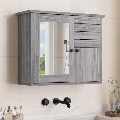 YITAHOME Spiegelschrank Bad, Badezimmer spiegelschrank mit 2 Türen, Badschrank mit Spiegel und Ablage, Hängeschrank, Badspiegel, Badschrank hängend, 60 * 20 * 49.2 cm (Grau)