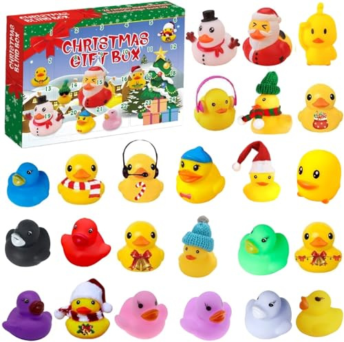 Duck Advent Calendar 2025, 24 Days Christmas Countdown Rubber Duck Set, Bath Toys Countdown Calendar Rubber Ducks Bath Toys Party Favor Gifts (B)