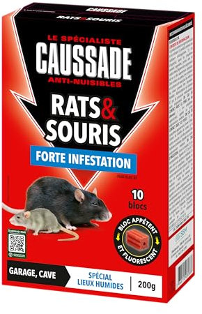 CAUSSADE Anti Rats & Souris - Efficacité Radicale - Lieux très humides – 10 Blocs Appâts Fluorescents - Prêt à l'emploi - Une Ingestion Suffit - 200g CARSBL200