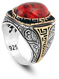 Jewellery Pit - Anello d'Ambra in Argento 925 Stile Ottomano, Finitura Lucida, Incisione Artigianale, Anello Vintage con Pietre Preziose, Perfetto per Fidanzamento e Uomo (27)