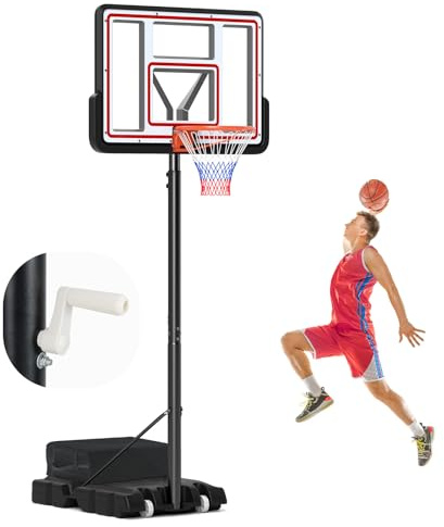 COSTWAY Canestro da Basket Regolabile 225-305 cm in Altezza per Bambini ed Adulti, Canestro con Piantana a Ruote e Manovella, Canestro con Base Riempibile per Interno ed Esterno, Nero