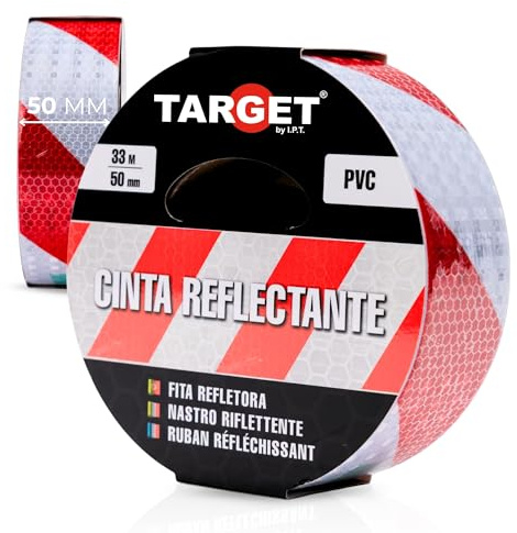 TARGET Cinta Reflectante Adhesiva, Advertencia Señalización Marcaje Alta Visibilidad Peligro Seguridad (ROJO y BLANCO, 33 M X 50 mm)