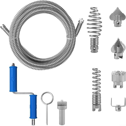 Spirale de nettoyage de tuyaux en acier de 3 m, 12 mm de diamètre, serpentin de vidange avec 6 fraises interchangeables (C/olive), câble flexible haute résistance pour les blocages profonds, extrémité