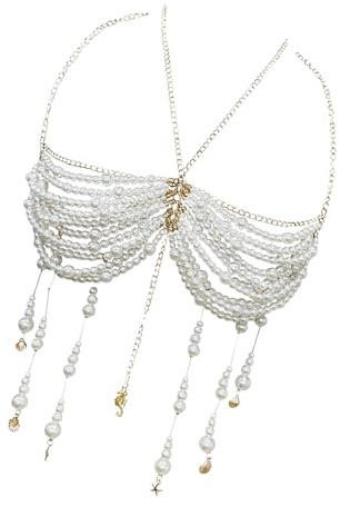 Fazvncv Elegant Pearls Beaded Tassels Halterneck Crop Tanks Top for Women Body Jewelry Bra Chest Chain for Parties and Festival