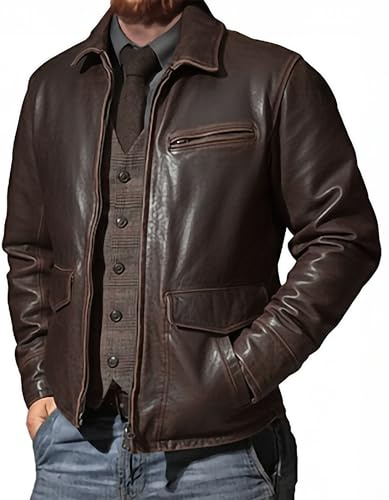 SHOP OF JACKETS LIMITED Chaqueta de piel auténtica para hombre, piel de cordero auténtica, color marrón, fabricada con piel envejecida de estilo vintage
