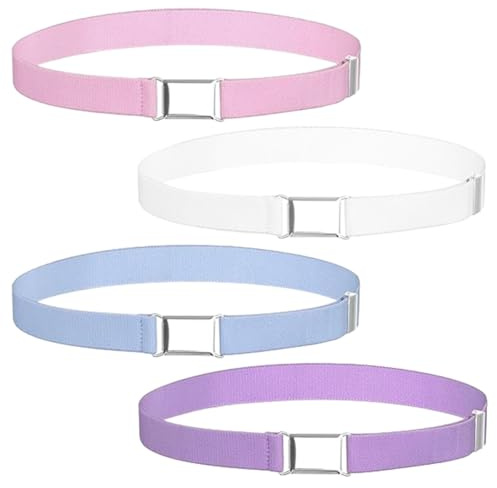 Rairsky Confezione da 4 Cintura Elastica Regolabile Bambino, Blu, Viola, Rosa, Bianco, 35-75 cm Cintura Bambina con Fibbia Quadrata, per Ragazzi, Ragazze, Jeans, Pantaloncini, Pantaloni, Vestito