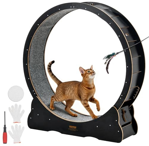 VEVOR Rueda de Ejercicio de Madera, para Gatos de 8,6 a 12,7 kg, Diámetro Interior de 1080 mm, Cinta de Correr con Superficie Alfombrada y Mecanismo de Bloqueo, Color Negro, 1200 x 340 x 1275 mm