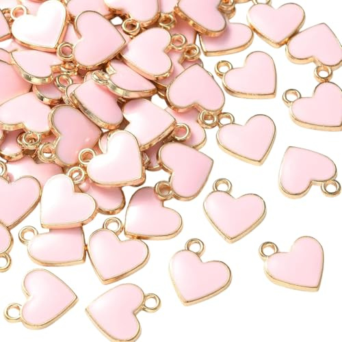 SOFPLATE 1 låda med 100 rosa emaljerade hjärthängen estetiska örhängen av guldlegering platt hjärtform små hängen för alla hjärtans dag för smyckestillverkning (örhängen, halsband