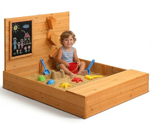 LALAHO Sand Pit with Bench, Blackboards & Safety Corners 119 x 101 x 76 cm