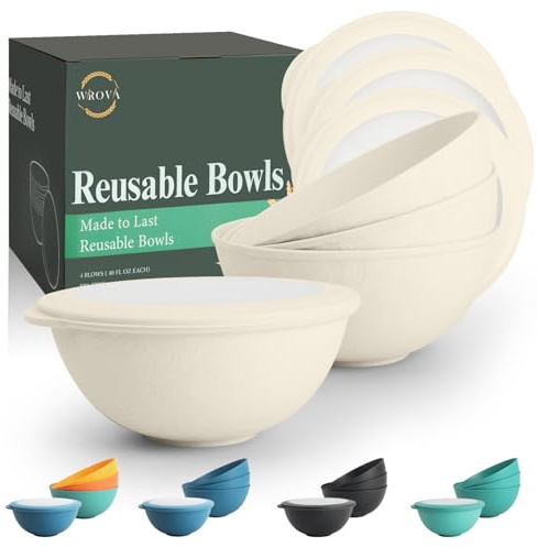 Wrova Reusable Plastic Bowls Set with Lid 1180ml Unbreakable Deep Bowl Set for Serving Ramen, Salad, Cereal Microwave Safe Bowl for Indoor and Outdoor 4 PCS - Beige