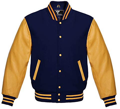 Premium Letterman Baseball School College Bomber Varsity Jacket Navy Blue & Gold Genuine Leather Sleeves (Navy Blue/Gold, Large)
