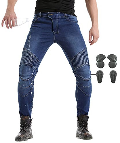 SHUOJIA Pantaloni da Motociclista da Uomo Impermeabili Jeans da Corsa da Motocross con 4 X Ginocchiere (Blue,L)