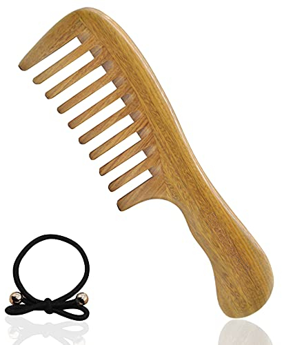 Lockenkamm Naturlocken, Holzkamm Damen Grüner Sandelholz Anti Statischer Grobzinkiger Kamm für die Haarpflege Langes Lockiges Haar