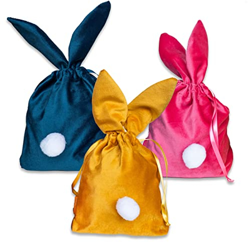 Papierdrachen, 3 sacchetti di con orecchie, cestino di Pasqua alternativo da riempire, dal design a coniglietto pasquale, di alta qualità e riutilizzabili, set 4