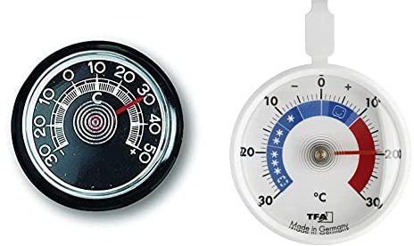 TFA Dostmann Analoges Thermometer, zur Temperaturkontrolle, L 46 x B 46 x H 9 mm & Analoges Kühlthermometer, zur Kontrolle von Kühl- und Gefrierschrank, L 72 x B 21 x H 95 mm