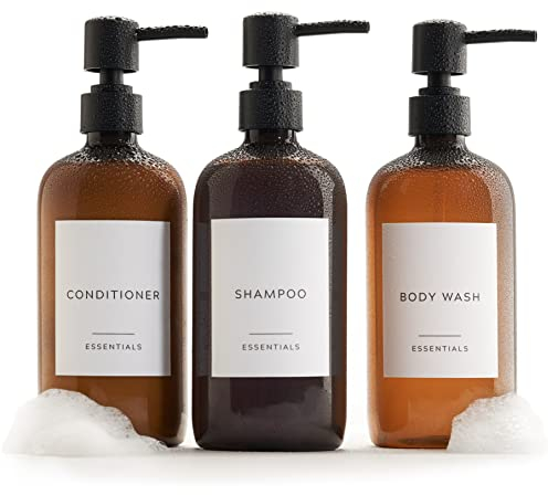 Stylischer Shampoo- und Spülungsspender, Set mit 3 Stück, Moderne 600 ml Duschseife, PET-Flaschen mit Pumpe und Etiketten, einfach zu befüllende Duschwaschspender für EIN sofortiges