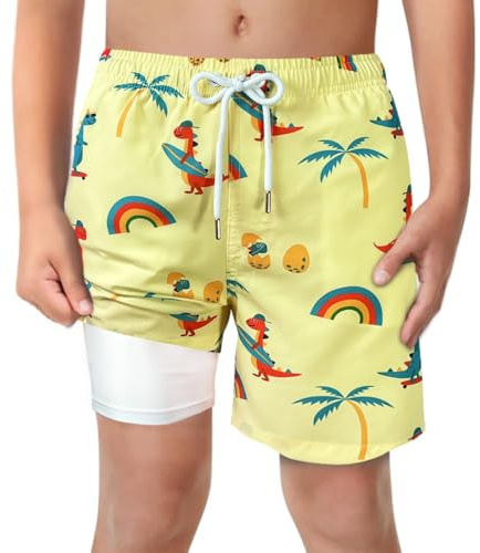 LUCOWEE Boys Yellow Dinosaur Swim Trunks with Boxer Brief Liner Anti Chafe No Mesh Swimming Shorts Compression Lined 4-Way Stretchy UPF Quick Dry Bathing Suit Size 18-20