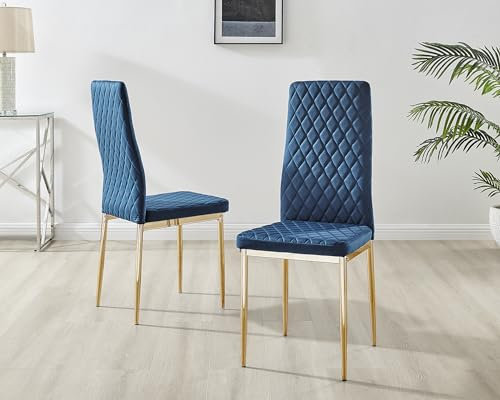 Furniturebox UK Milan Dining Chair Set - 4 Premium Contemporary & Luxurious Gold Leg Hatched Diamond Velvet Seats (Navy Blue)