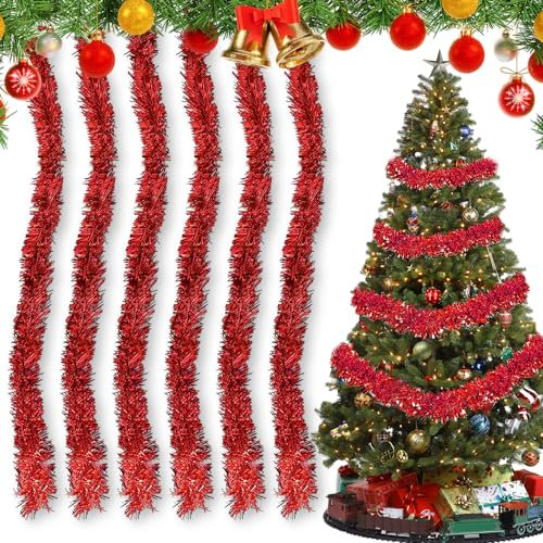 yotutun 10 PCS Guirnalda de Oropel de Navidad, 1,9M Espumillón Decorativo Navideño Brillante Espumillón de Navidad Oropel de Navidad Decoración Colgante para árbol de Navidad Boda Fiesta- Rojo