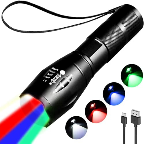 MODOAO Lampe de poche LED 4 en 1 rechargeable, rouge, vert, bleu, blanc, 4 modes de remplissage, zoomable, étanche, multicolore pour la pêche, le camping, la randonnée, l'éclairage quotidien