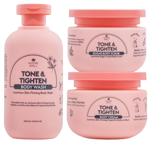 Nature Spell Tone & Tighten Body Care Gift Set for Women, Body Wash, Sugar Scrub & Cream with Hyaluronic Acid, Ginseng Extract & Plant Collagen, Set of 3, Vegan