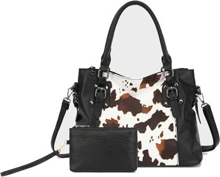 Aileese Womens Handbags Set Soft Leather Retro Vintage Designer Top-Handle Casual Pocket Ladies Tote Shoulder Bags Black 2PC