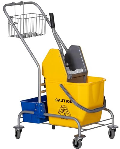 HOMCOM Carro de Limpieza con Cubo de Fregona de 25L Escurridor Cubeta y Estantes para Hotel Oficina 72x49,5x95 cm Amarillo