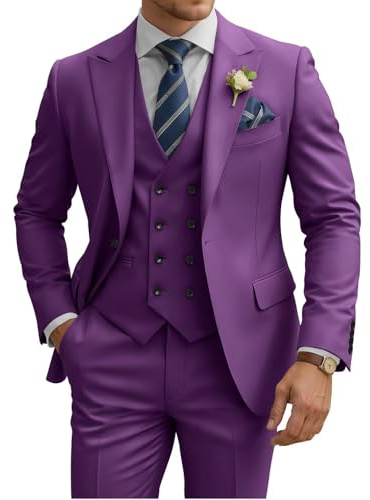TIJOFA Men's 3 Piece Slim Fit Suits for Men Double Breasted Wedding Prom Tuxedo Formal Business Dinner, Purple, L