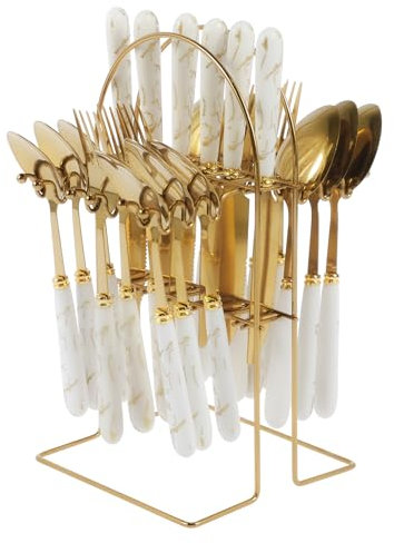 Silverware Ménagère de 24 pièces en acier inoxydable avec support de suspension pour 6 ustensiles de table poli miroir fourchettes, couteaux, cuillères pour la maison et la cuisine (blanc)