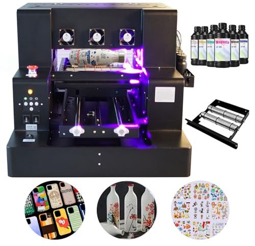 UV Flatbed Printer, A3 XP600 UV Printer, Higher Resolution 5760 * 1440dpi,UV DTF Printer Machine with Bottle Holder for Phone Case Glass Cups Stickers Wood Acrylic Leather ABS PVC
