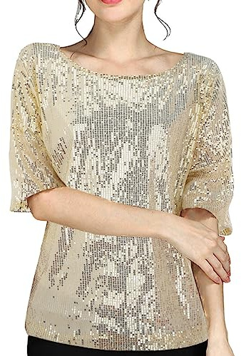 Tee Shirt Disco Femme Paillette T Shirt Glitter Sequins Haut Sexy Col V Chemisier Mode Brillantes Paillettes Tops Chic Élégant Club Fête T-Shirt Manche Longue Lâche Blouse Cadeau Femme