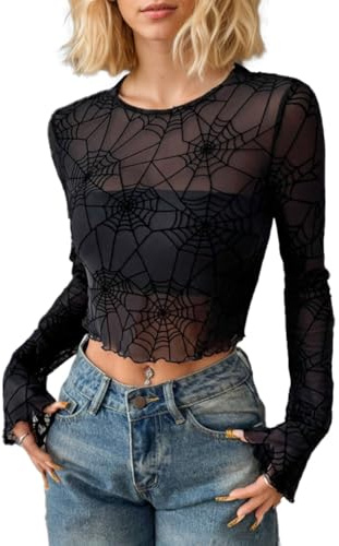 EMOTTOS Camiseta Transparente Mujer, Sexy Spider Web Patrón Top de Rejilla para Mujer Manga Larga Sheer Tops T-Shirt Stretchy, Stringy Selvedge Blusa de Manga Larga para Fiesta Clubwear, Negro, M