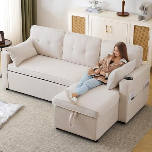 Seyakany Canapé d'angle Convertible,Canapé lit avec Fonction Couchage,canapé 3 Places en L,Meubles rembourrés,Chaise Longue avec Espace de Rangement,avec Porte-gobelet (Beige + Cotton Linen + 3 Seat)