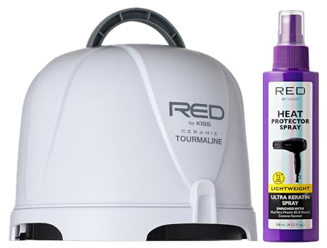 Red by Kiss 3000 Ceramic Tourmaline Professional Hood Dryer with Heat Protector Spray Bundle, Adjustable Height 1875W+ Ultra Keratin Thermal Spray for Hydration, Strength & Frizz Control (4 Fl Oz)