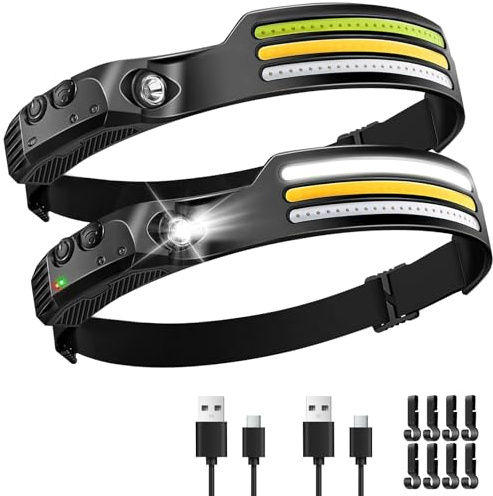 2 Pack Linterna Frontal Recargable, Linterna Cabeza con 10 Modos de Luz 230° Detector de Movimiento, IPX4 Impermeable, Ligera Banda LED de 3 Colore para Pesca, Camping, Ciclismo, Running (8 ganchos)