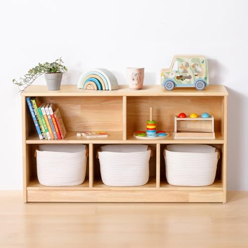 OOOK Rubber Wood 5-Compartment Montessori Shelf, 110 cm 2-Tier Toy Organizers and Storage, Wooden Storage Cabinet for Kids Room, Playroom, Nursery, Classroom, Kindergarten