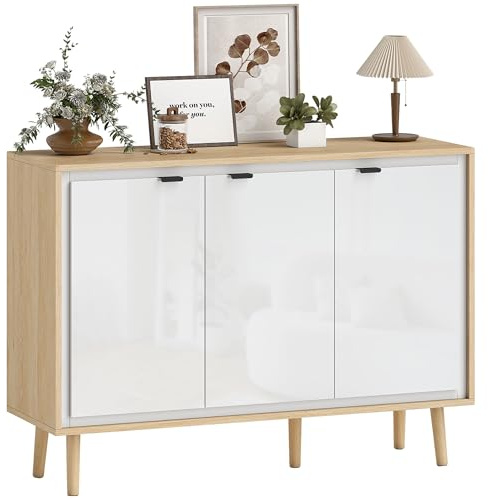HOMCOM Credenza Cucina con 3 Ante, Mobile Cucina Moderno con Ripiano Regolabile e Piedi in Legno, Credenza Buffet per Soggiorno, Sala da Pranzo e Salotto, 107x35x77 cm, Bianco Lucido e Rovere